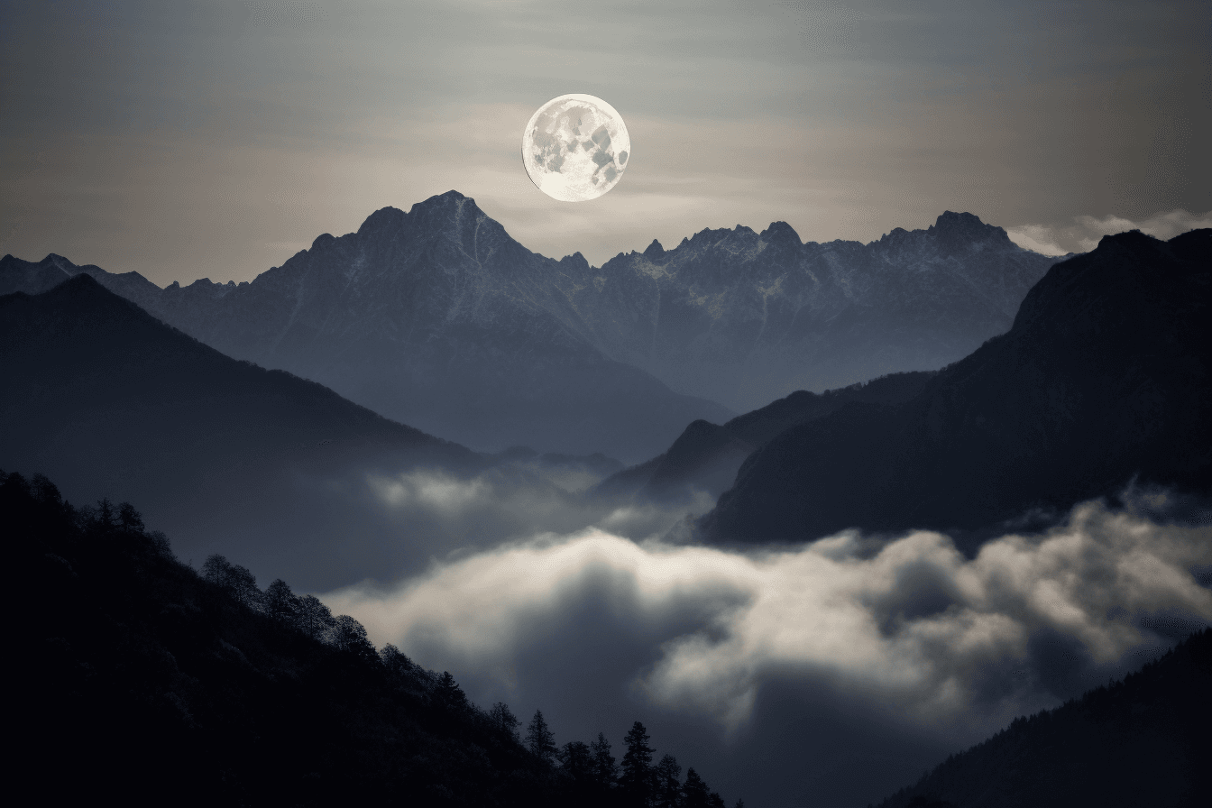 A photograph of a full moon rising over a mountain range, with mist and clouds adding to the sense of mystery.