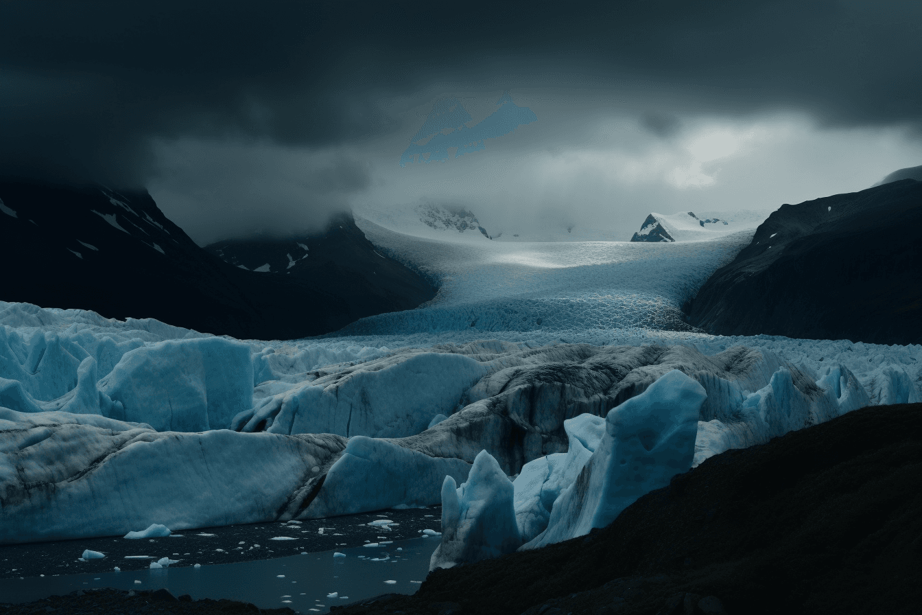 A photograph of a glacier on a distant planet, with the blue and white colors contrasting against the dark sky.