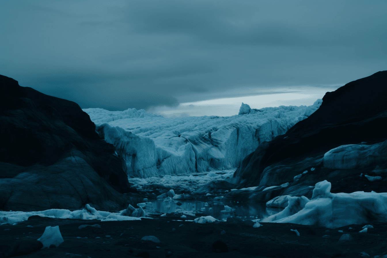 A photograph of a glacier on a distant planet, with the blue and white colors contrasting against the dark sky.