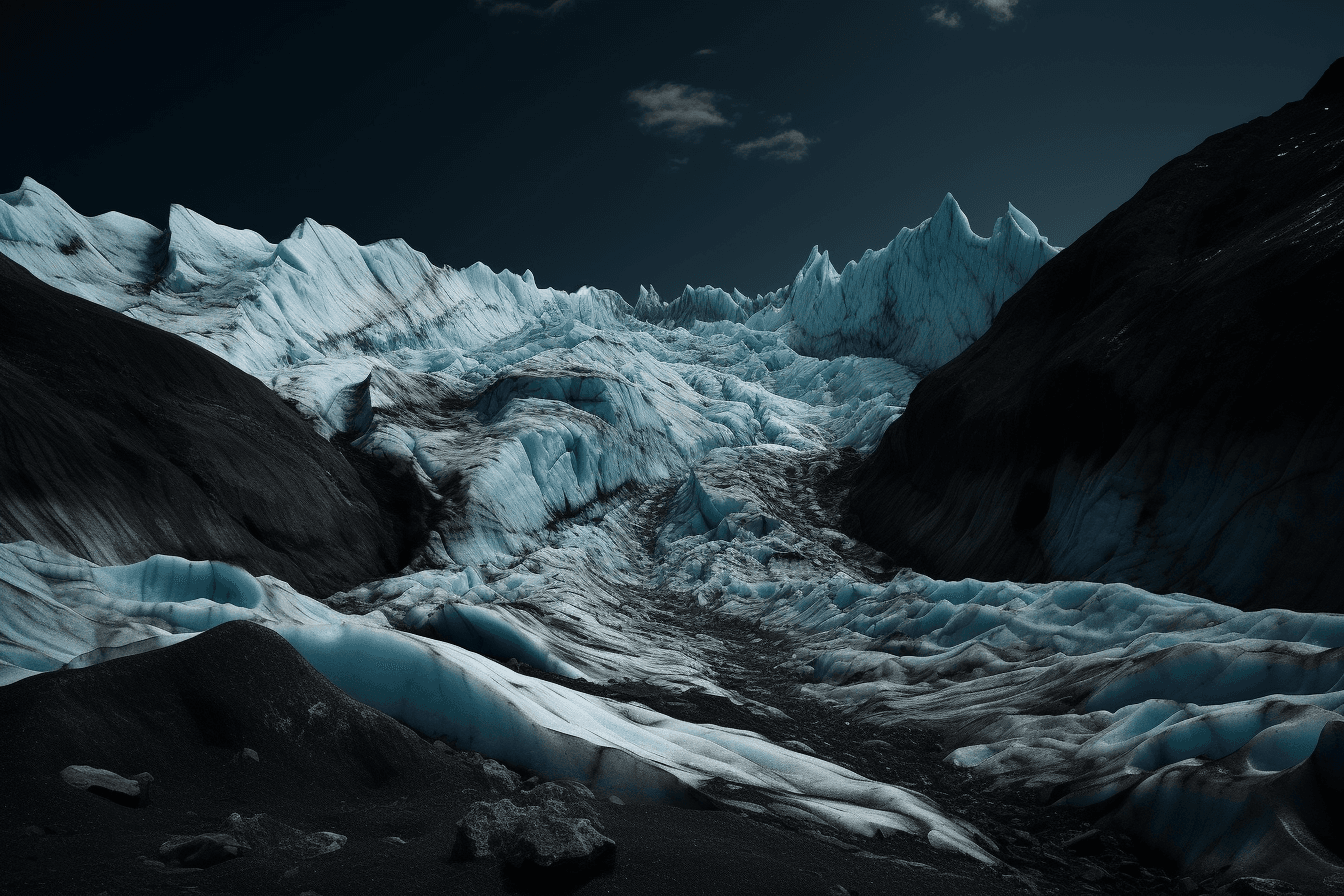 A photograph of a glacier on a distant planet, with the blue and white colors contrasting against the dark sky.