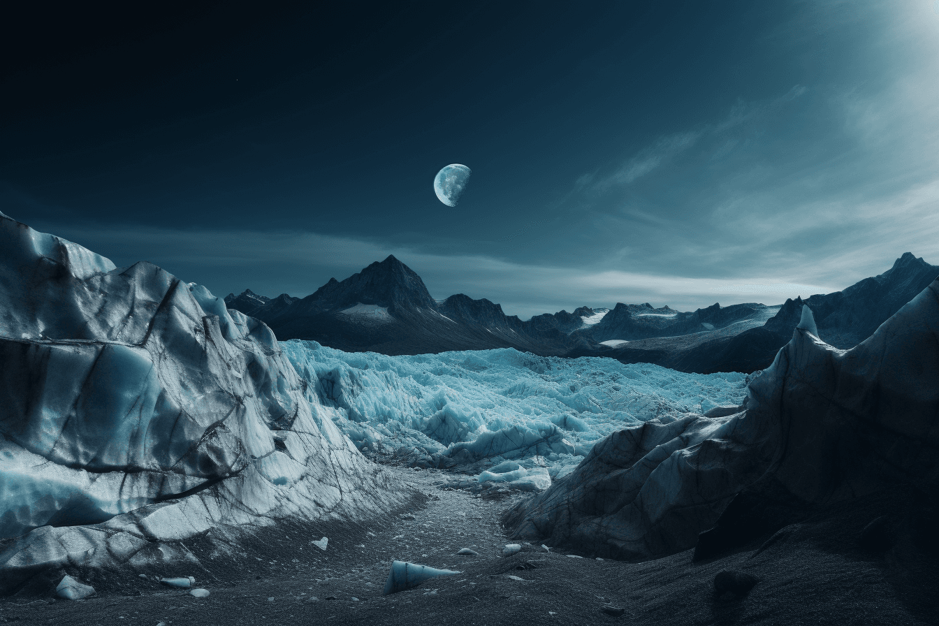 A photograph of a glacier on a distant planet, with the blue and white colors contrasting against the dark sky.