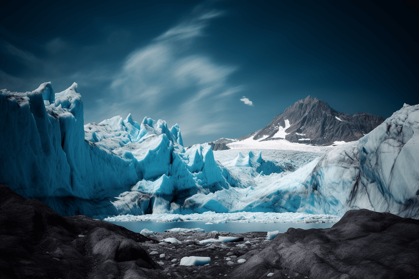 A photograph of a glacier on a distant planet, with the blue and white colors contrasting against the dark sky.