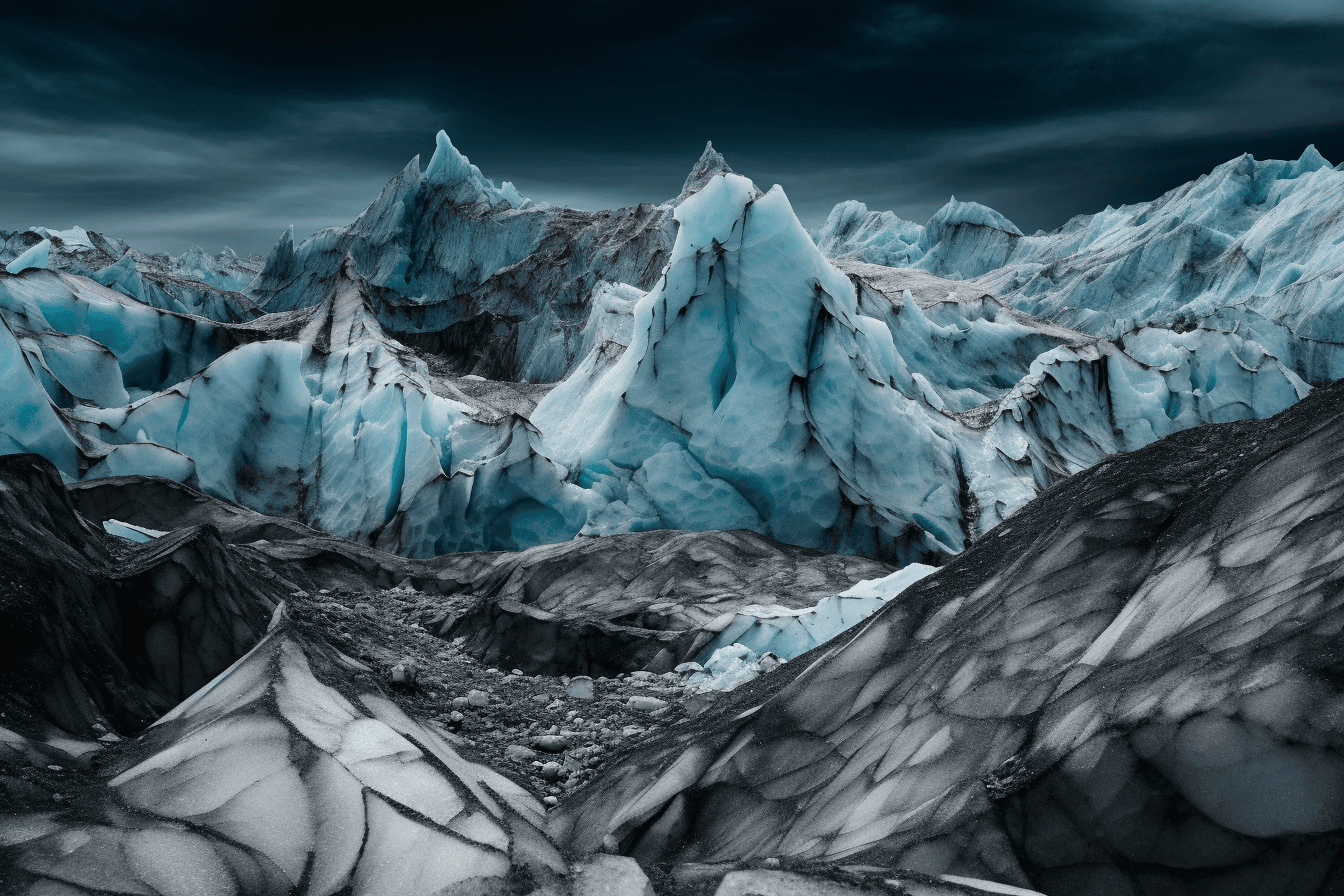 A photograph of a glacier on a distant planet, with the blue and white colors contrasting against the dark sky.