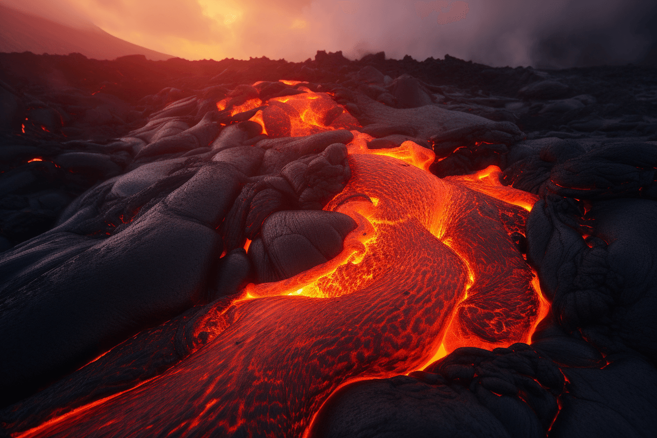 A photograph of a lava flow on a volcanic planet, with the red and orange colors evoking a sense of danger and excitement.