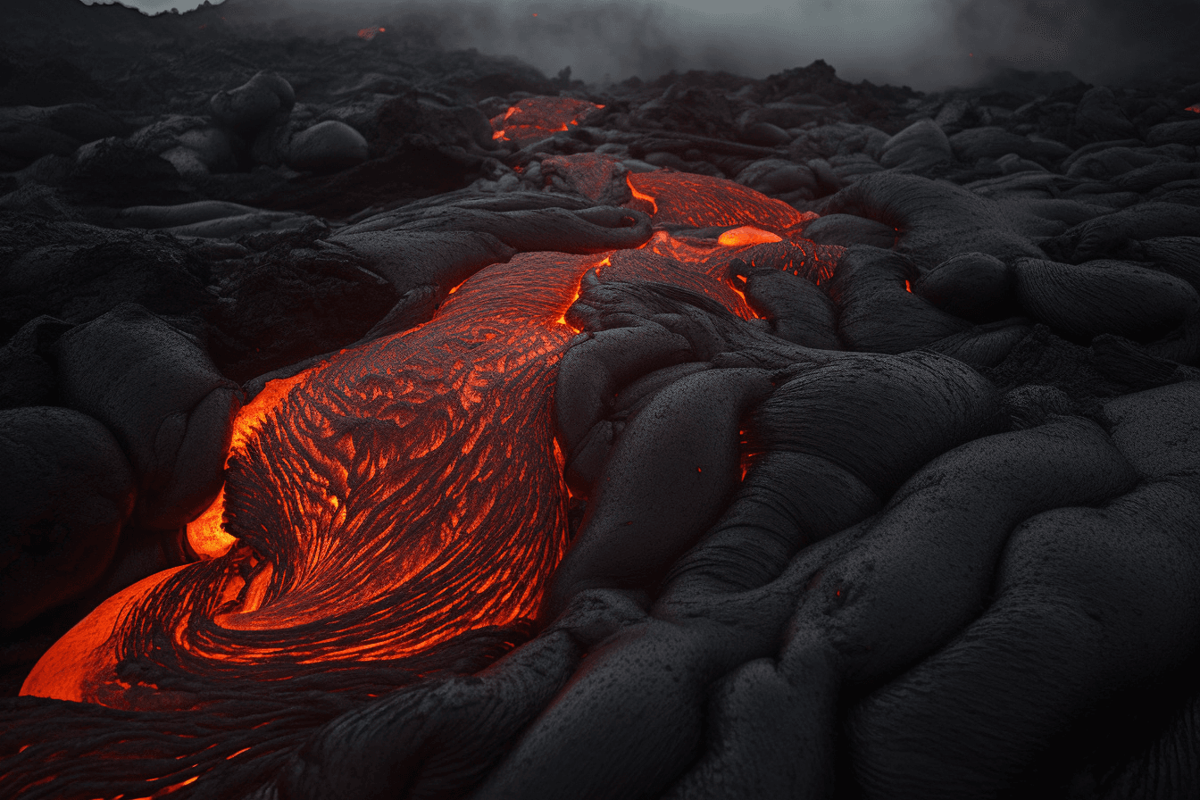 A photograph of a lava flow on a volcanic planet, with the red and orange colors evoking a sense of danger and excitement.