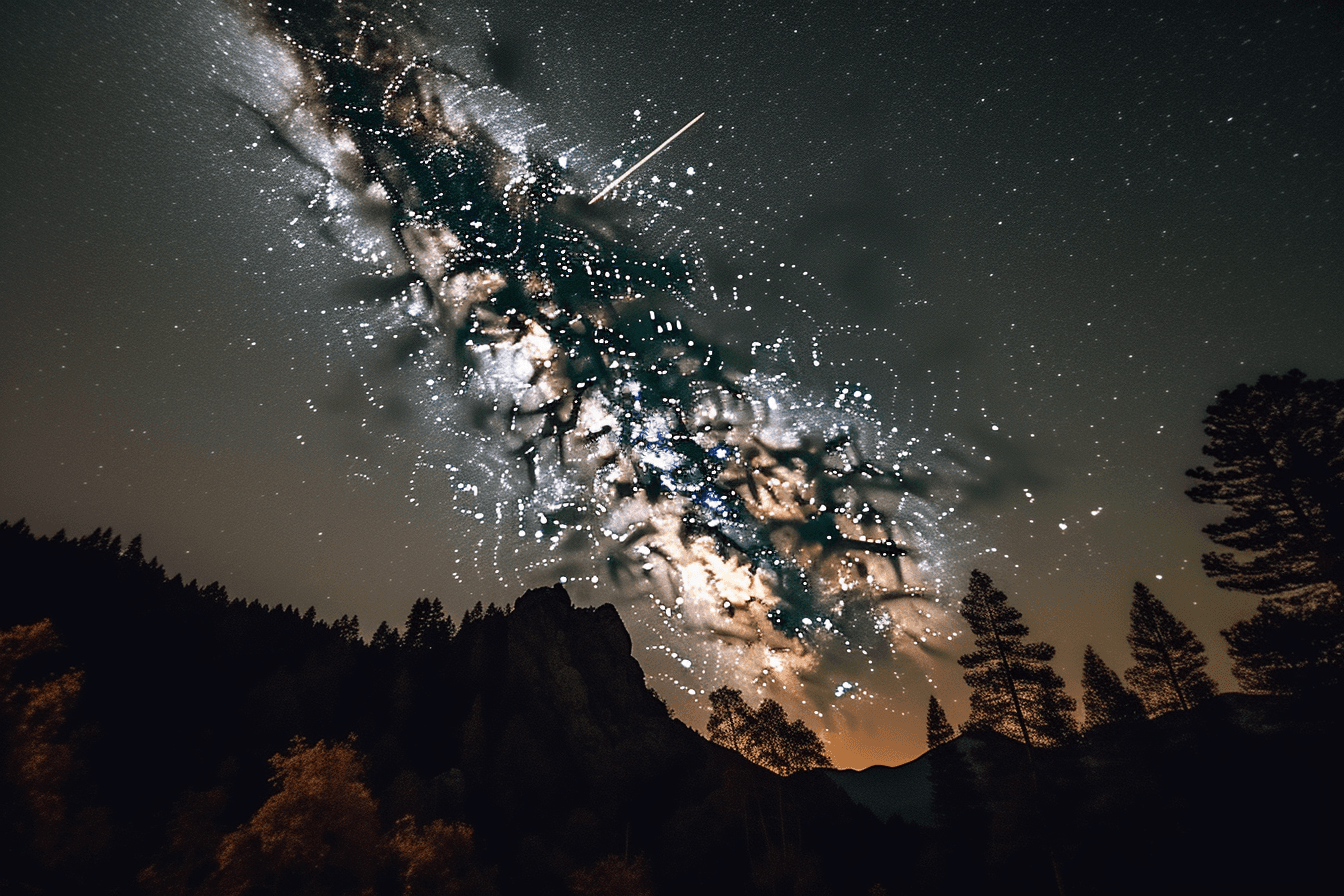 A photograph of a meteor shower, with bright streaks of light crossing the night sky.