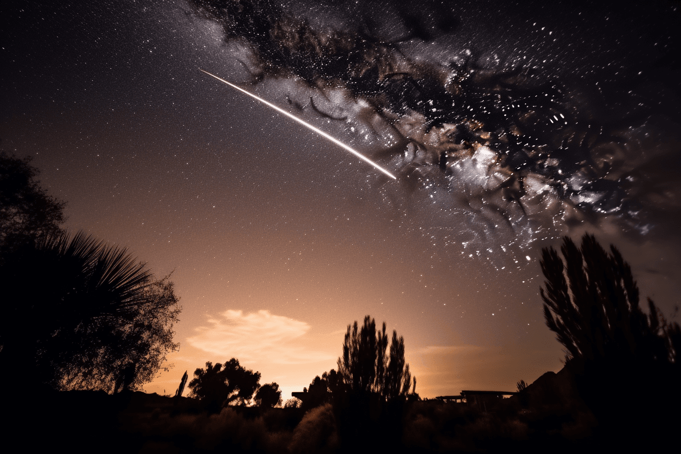 A photograph of a meteor shower, with bright streaks of light crossing the night sky.