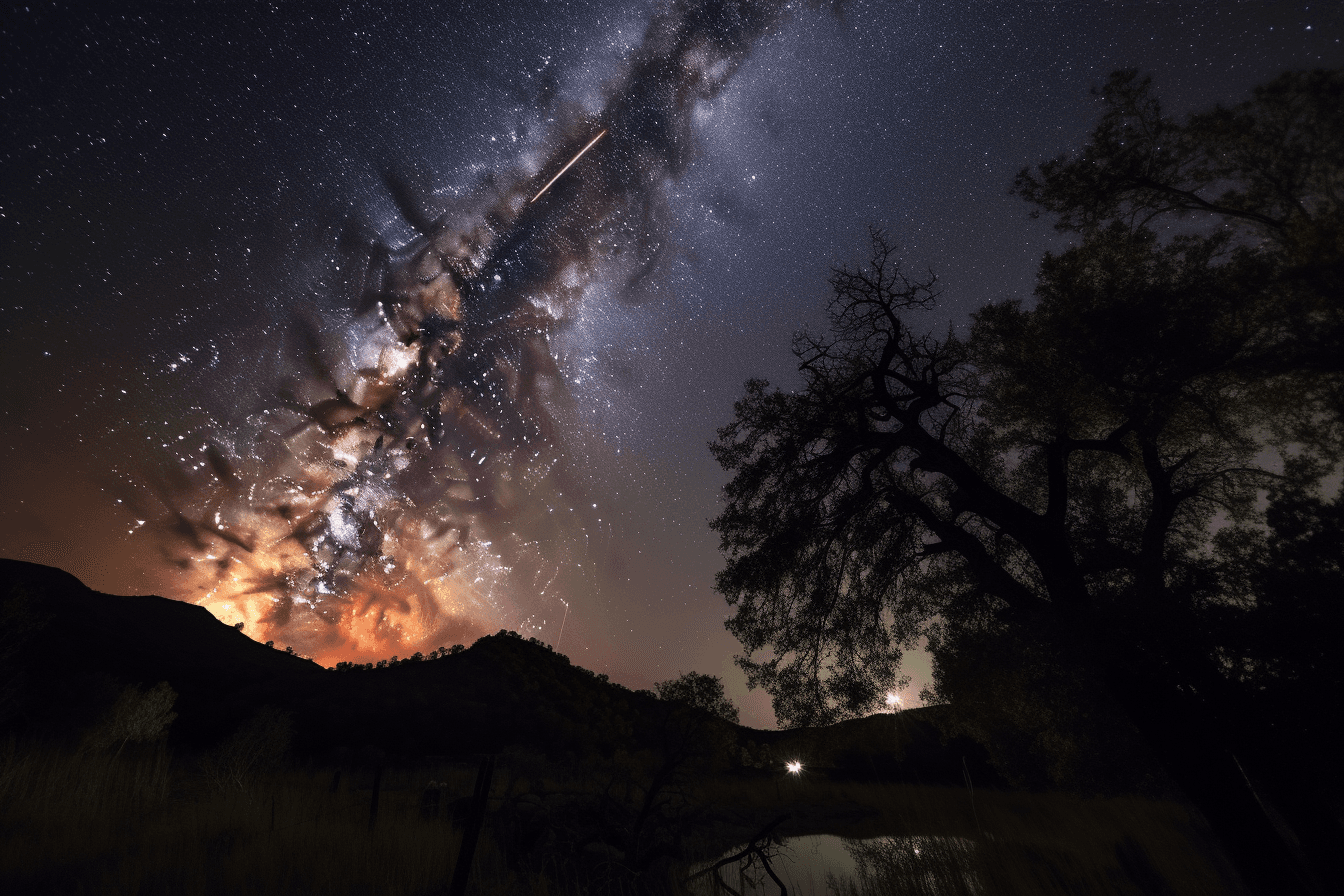 A photograph of a meteor shower, with bright streaks of light crossing the night sky.