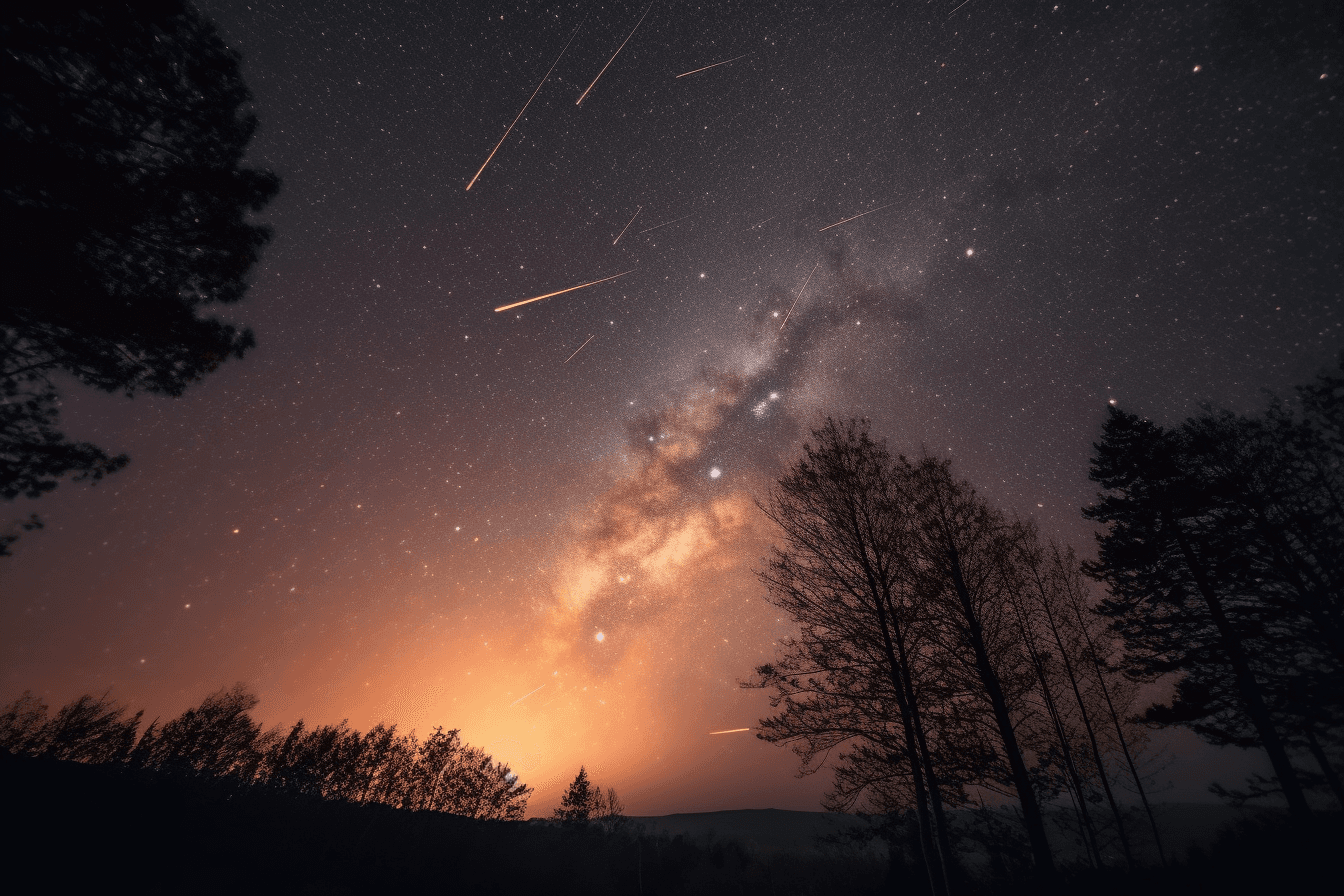 A photograph of a meteor shower, with bright streaks of light crossing the night sky.