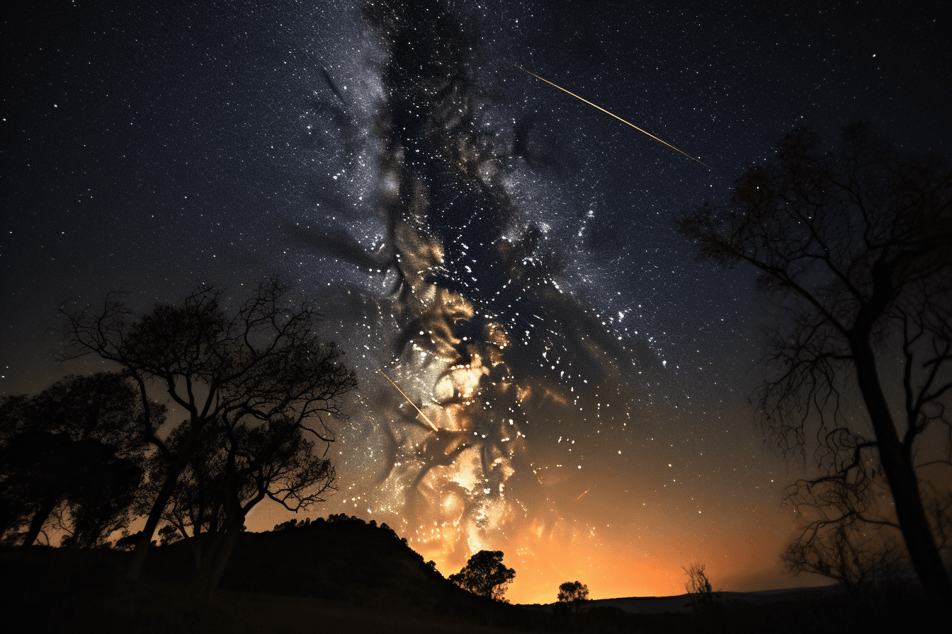 A photograph of a meteor shower, with bright streaks of light crossing the night sky.