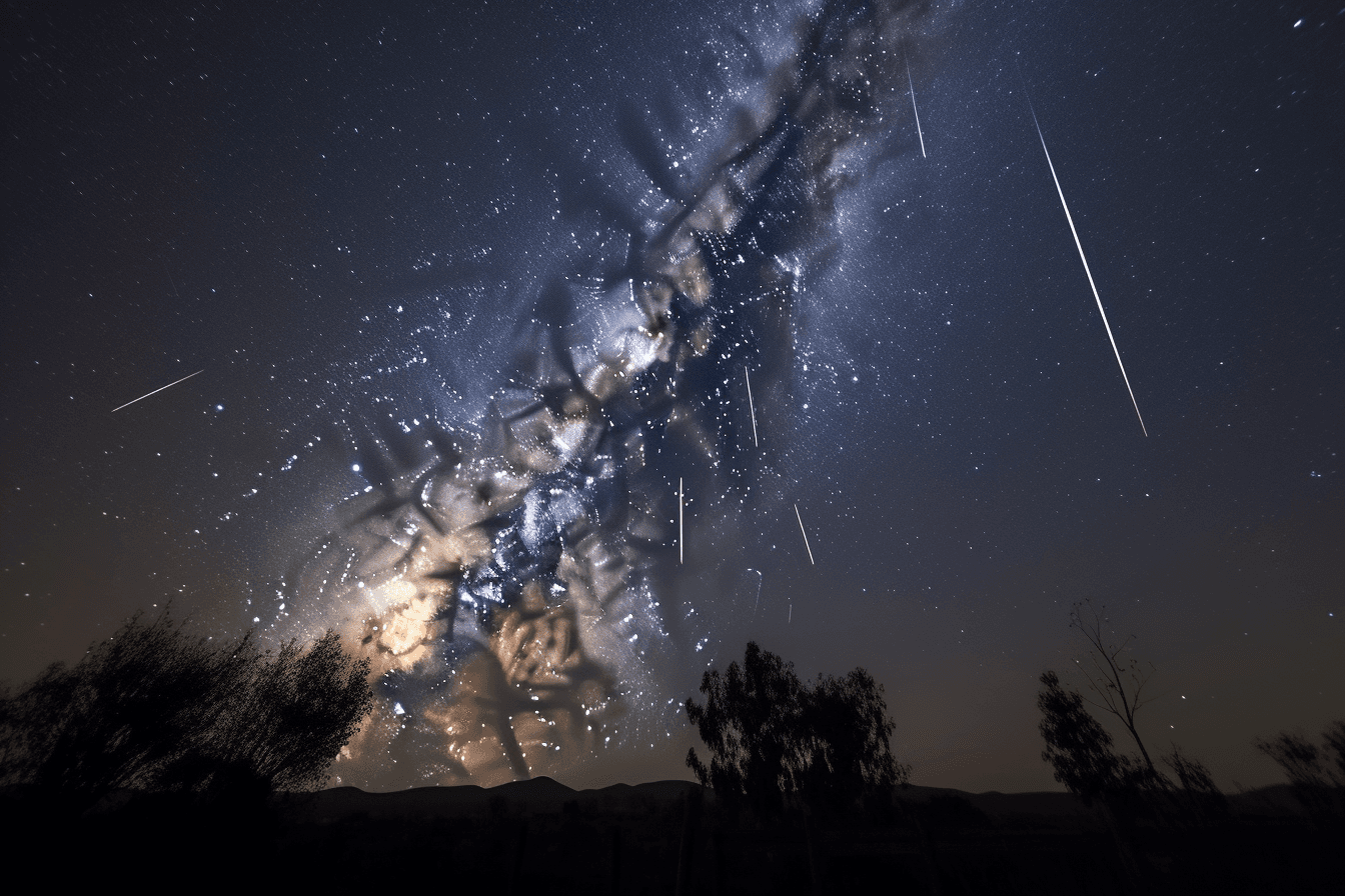 A photograph of a meteor shower, with bright streaks of light crossing the night sky.