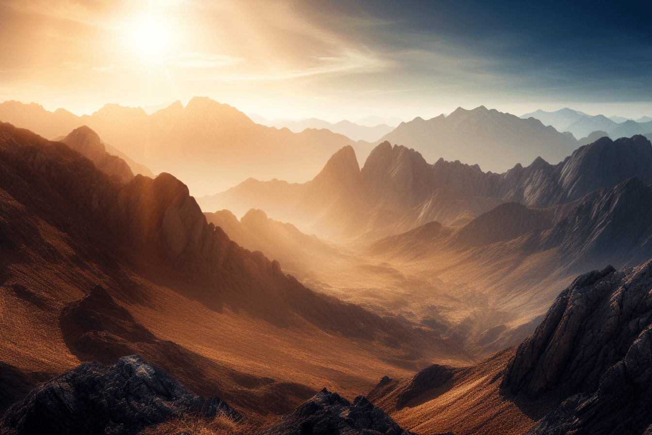 A photograph of a mountain range on another planet, with the bright sun shining through the peaks.