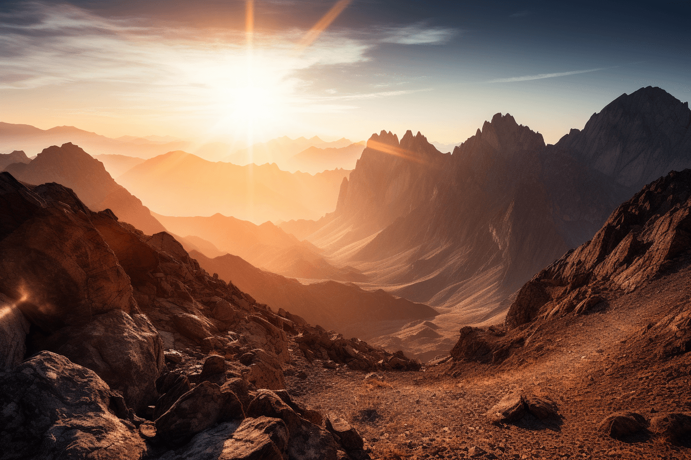 A photograph of a mountain range on another planet, with the bright sun shining through the peaks.