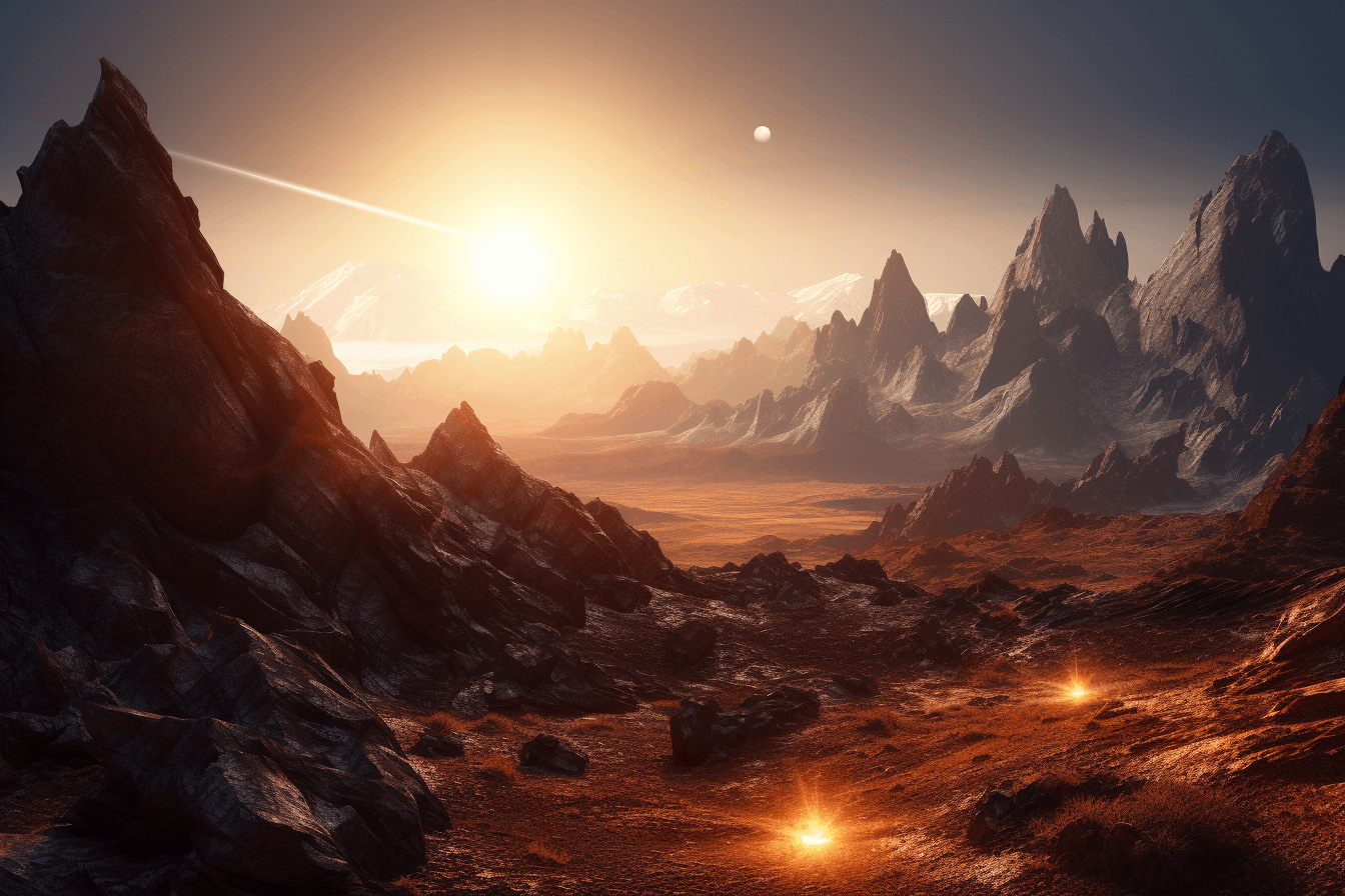 A photograph of a mountain range on another planet, with the bright sun shining through the peaks.