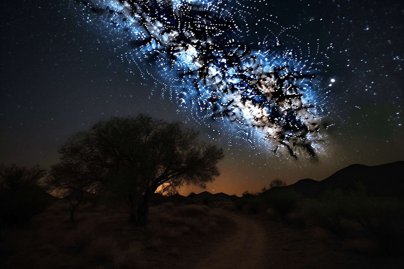 A photograph of a starry night sky, with the Milky Way galaxy visible overhead.