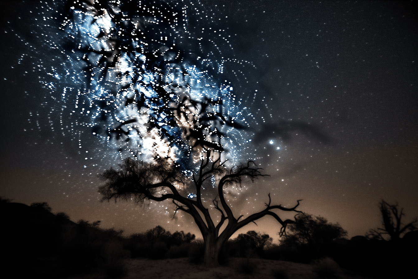 A photograph of a starry night sky, with the Milky Way galaxy visible overhead.