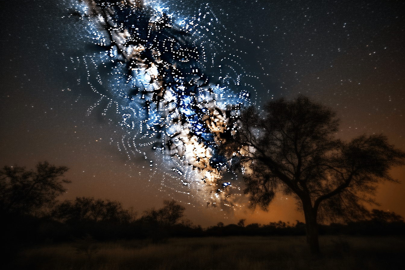 A photograph of a starry night sky, with the Milky Way galaxy visible overhead.