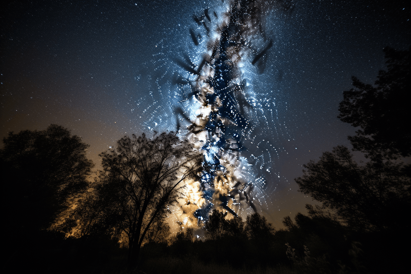 A photograph of a starry night sky, with the Milky Way galaxy visible overhead.