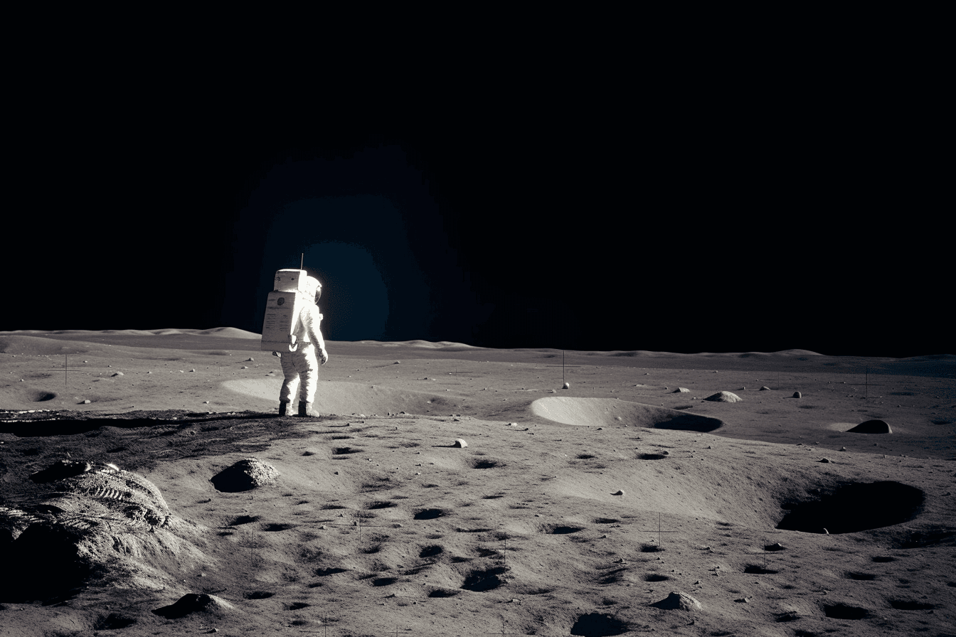 A photograph of an astronaut standing on the surface of the moon with Earth in the background.