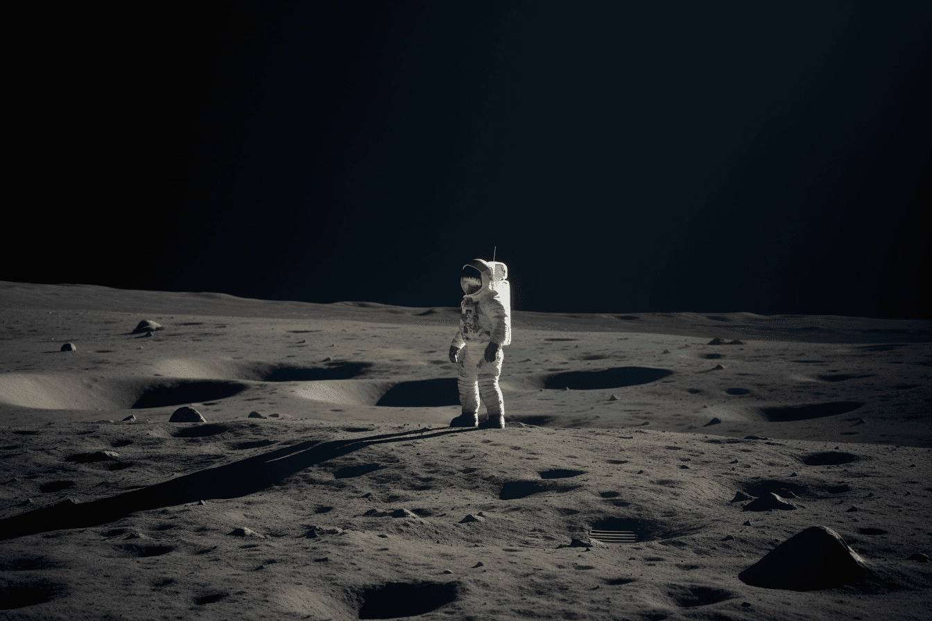 A photograph of an astronaut standing on the surface of the moon with Earth in the background.