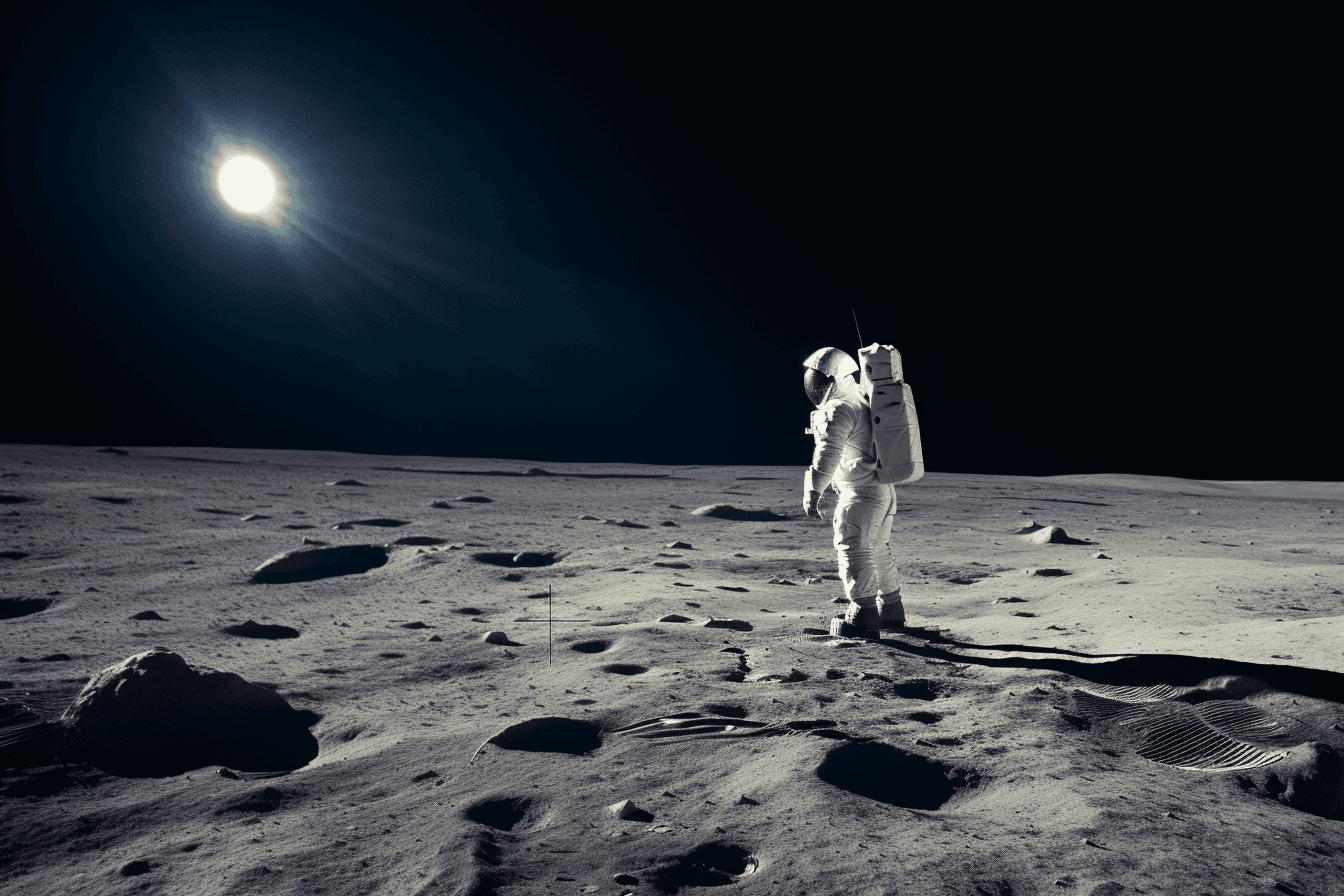 A photograph of an astronaut standing on the surface of the moon with Earth in the background.