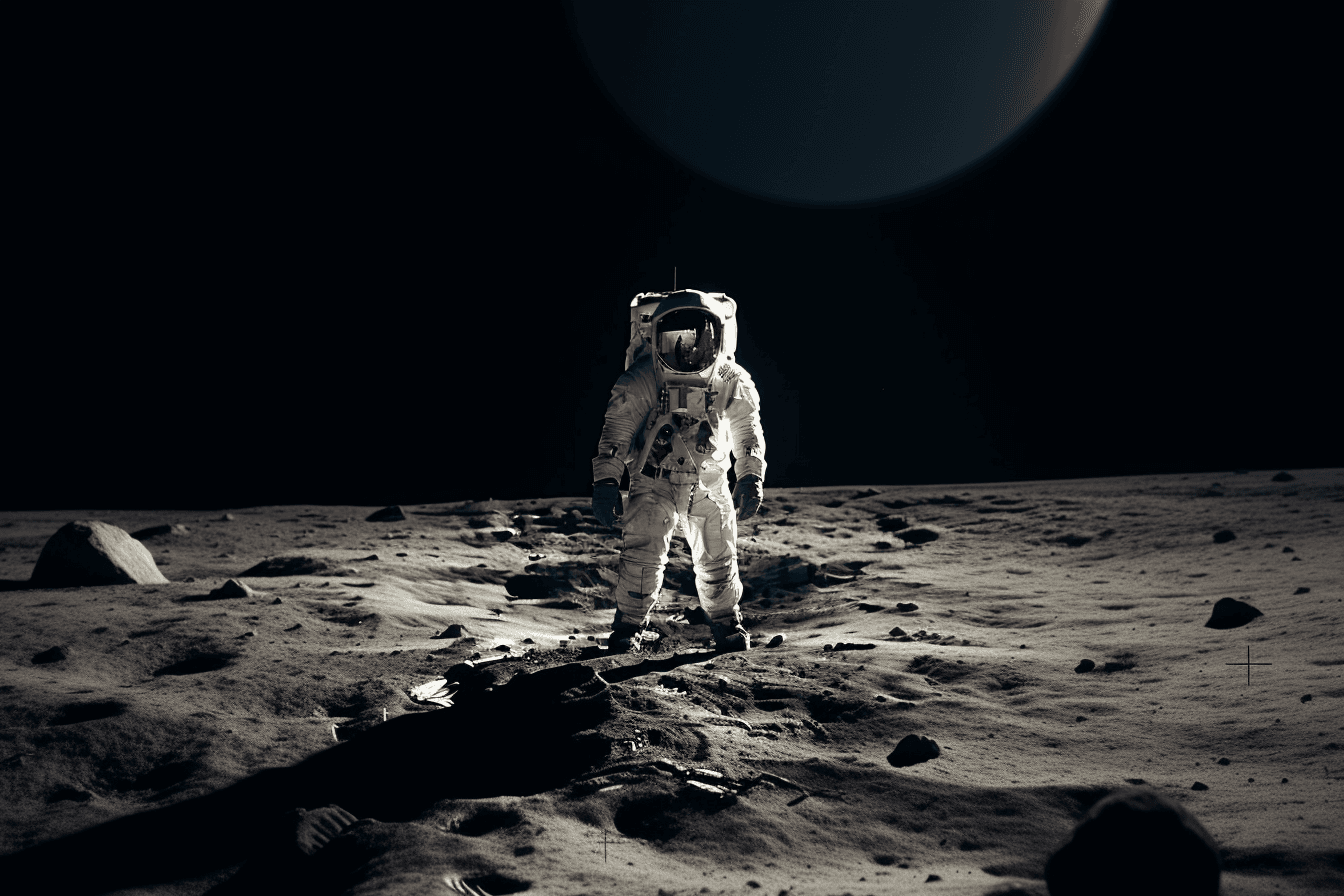 A photograph of an astronaut standing on the surface of the moon with Earth in the background.