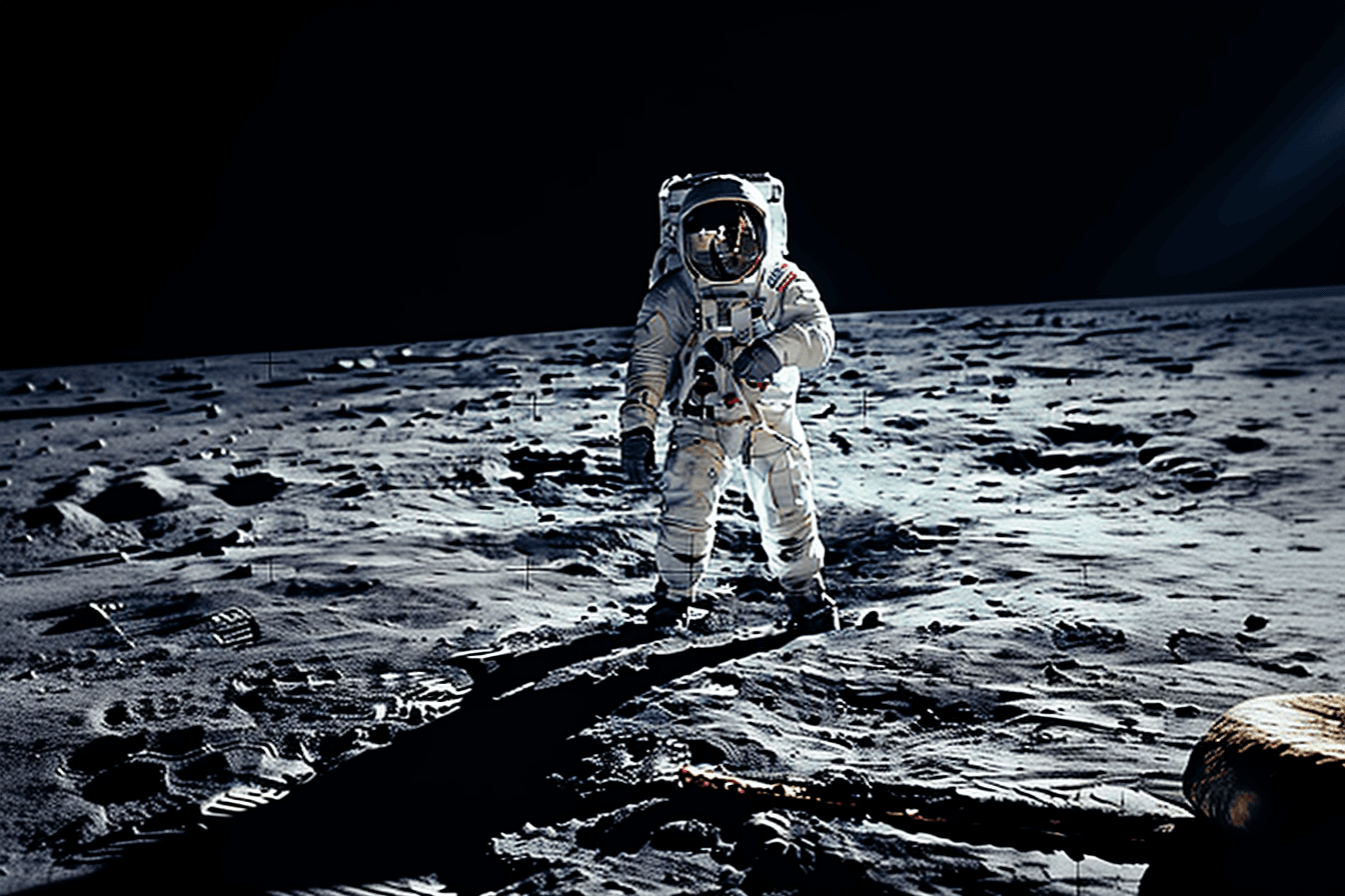 A photograph of an astronaut standing on the surface of the moon with Earth in the background.