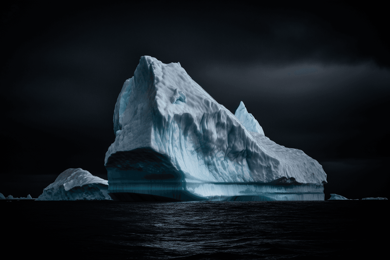 A photograph of an iceberg in the Arctic, with the blue and white colors contrasting against a dark sky.