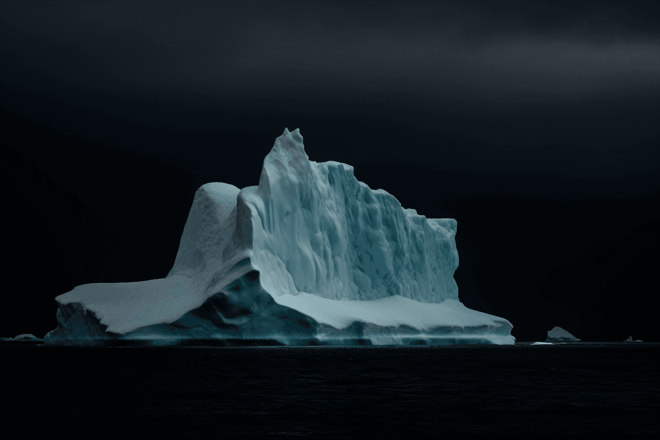 A photograph of an iceberg in the Arctic, with the blue and white colors contrasting against a dark sky.