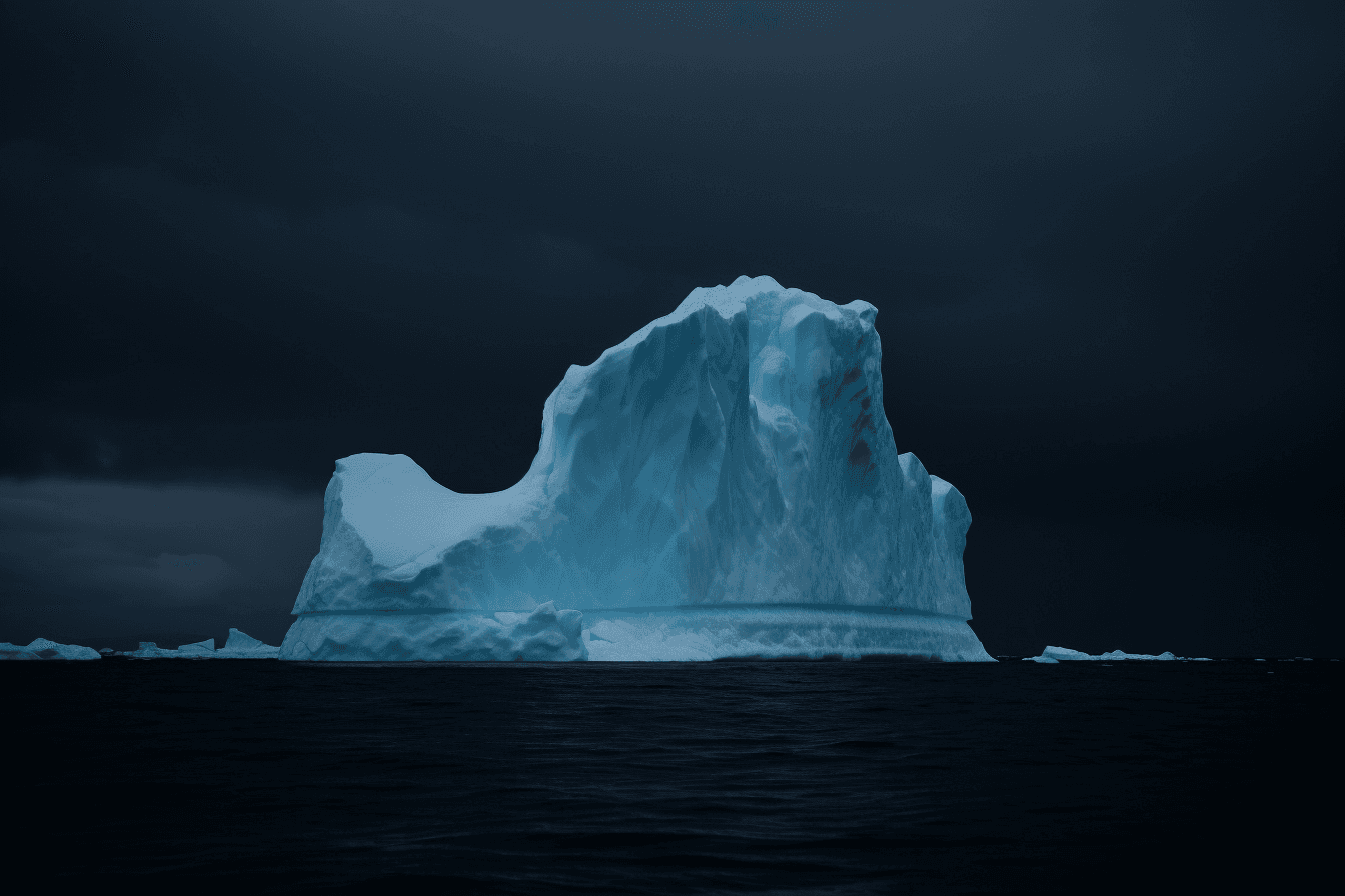 A photograph of an iceberg in the Arctic, with the blue and white colors contrasting against a dark sky.