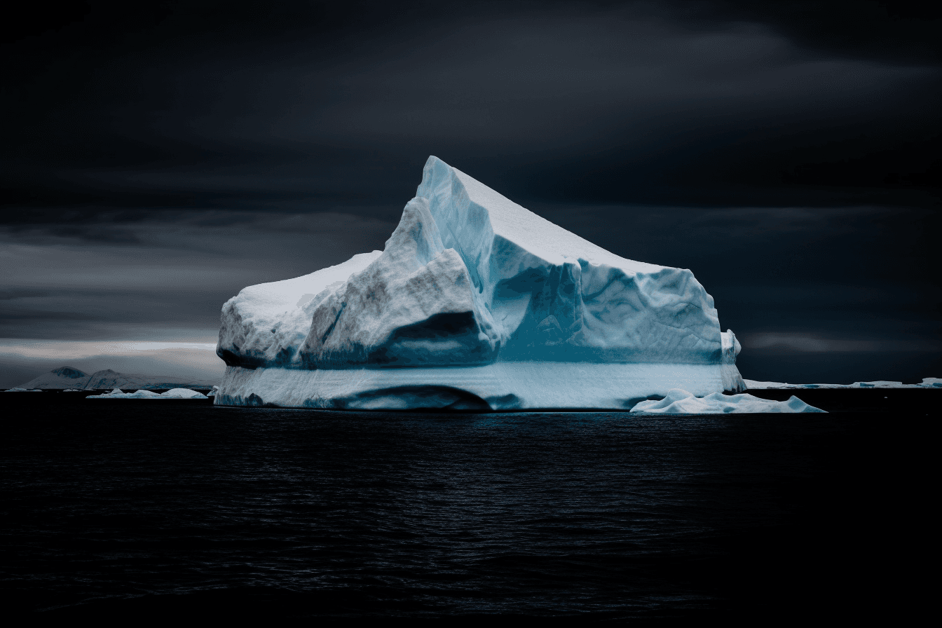 A photograph of an iceberg in the Arctic, with the blue and white colors contrasting against a dark sky.