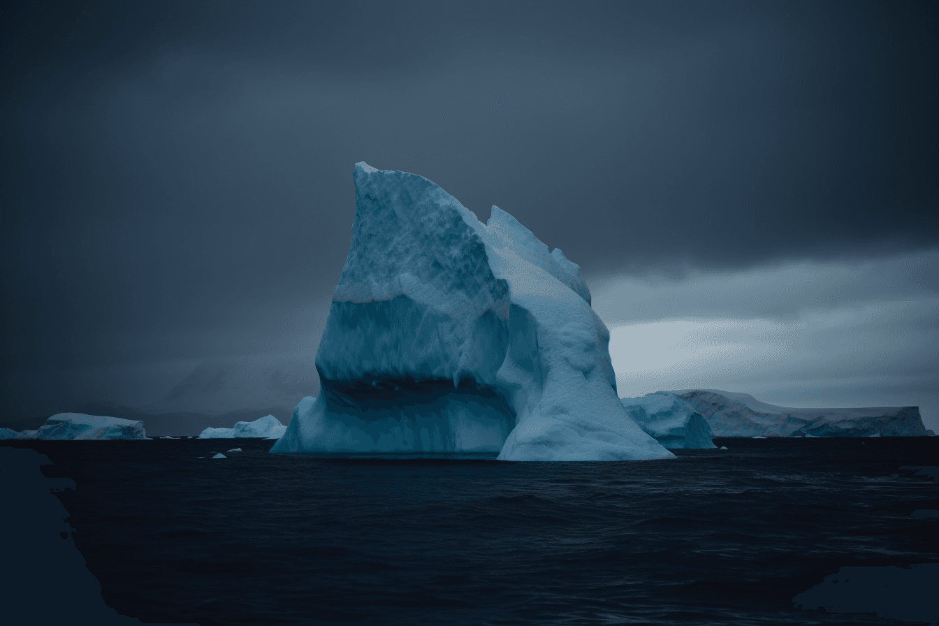 A photograph of an iceberg in the Arctic, with the blue and white colors contrasting against a dark sky.