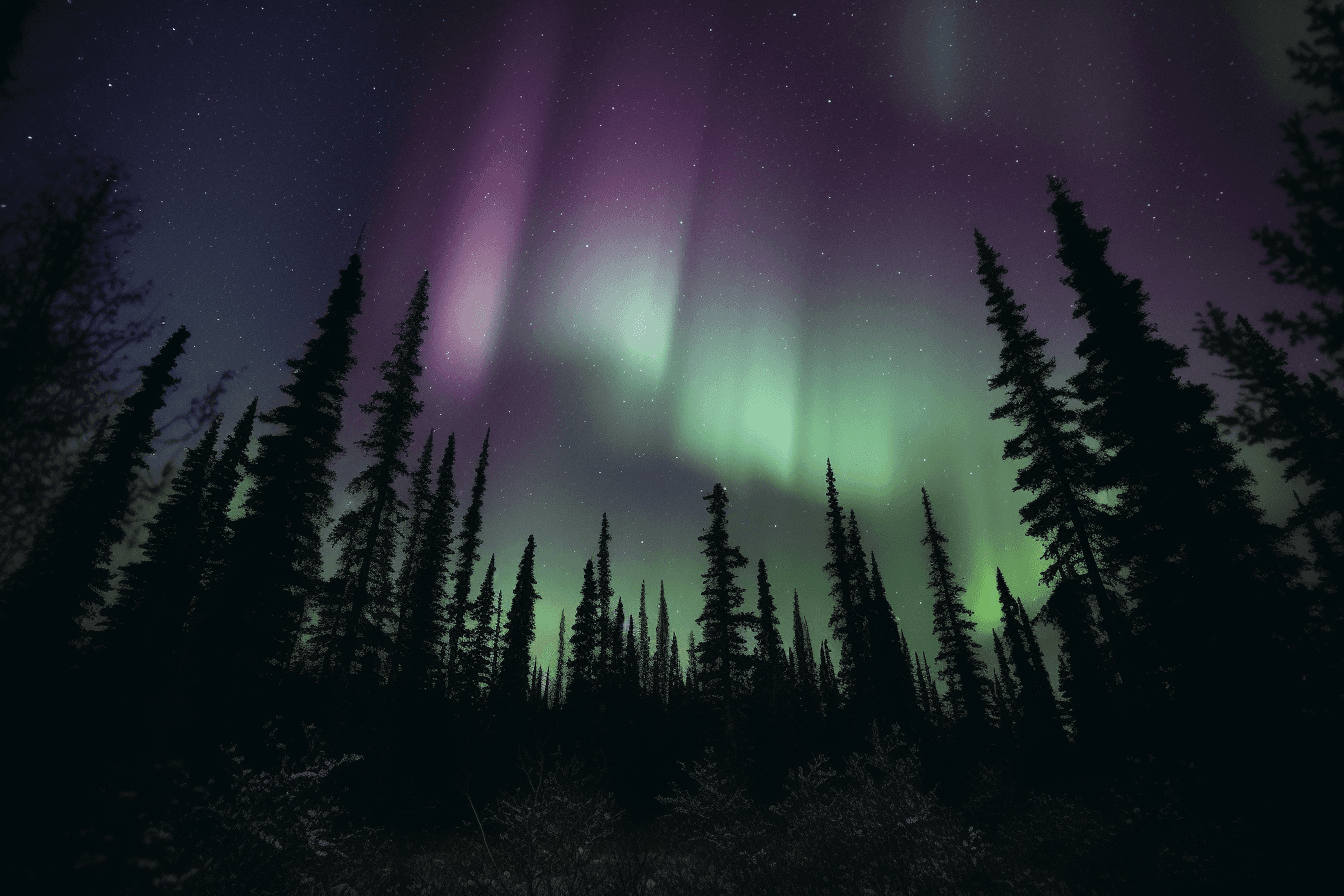 A photograph of the Northern Lights, with the green and purple hues swirling in the night sky.