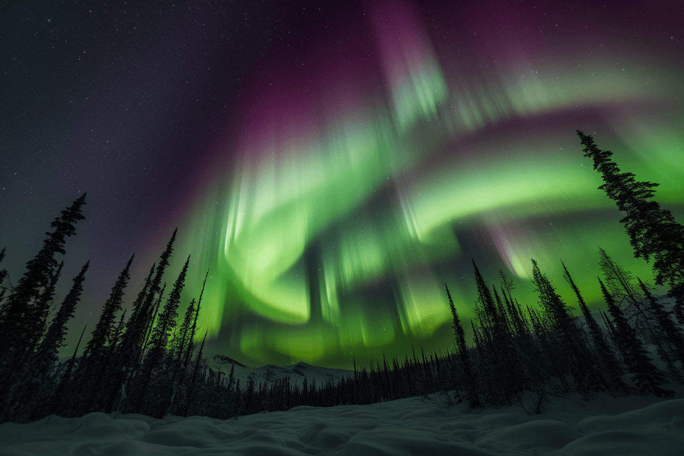 A photograph of the Northern Lights, with the green and purple hues swirling in the night sky.