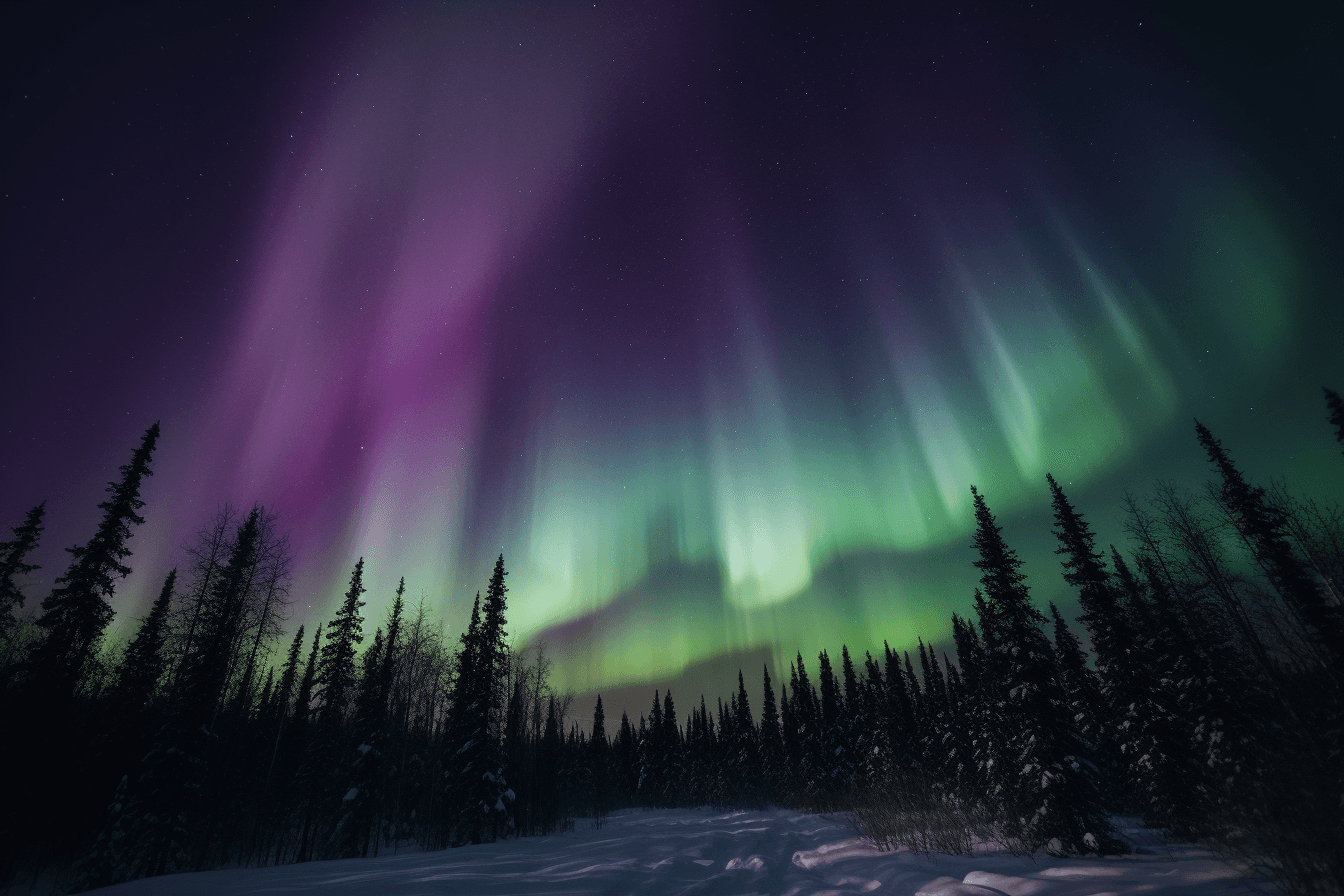 A photograph of the Northern Lights, with the green and purple hues swirling in the night sky.