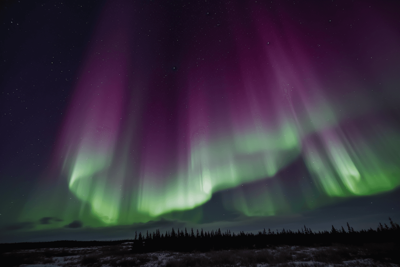 A photograph of the Northern Lights, with the green and purple hues swirling in the night sky.