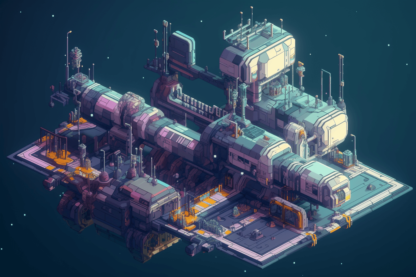 A pixel art depiction of a space station, with blocky shapes and limited colors that create a retro and futuristic feel.