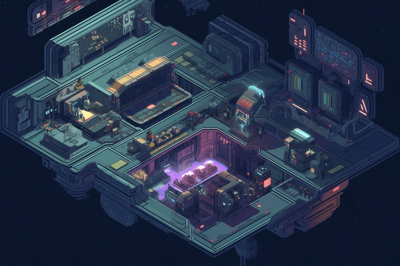 A pixel art depiction of a space station, with blocky shapes and limited colors that create a retro and futuristic feel.