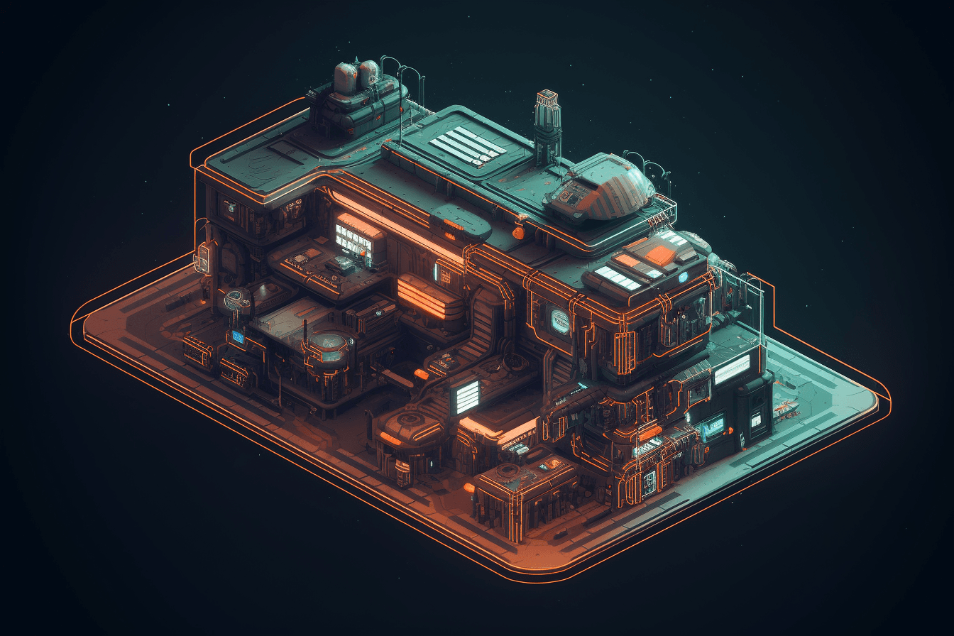 A pixel art depiction of a space station, with blocky shapes and limited colors that create a retro and futuristic feel.