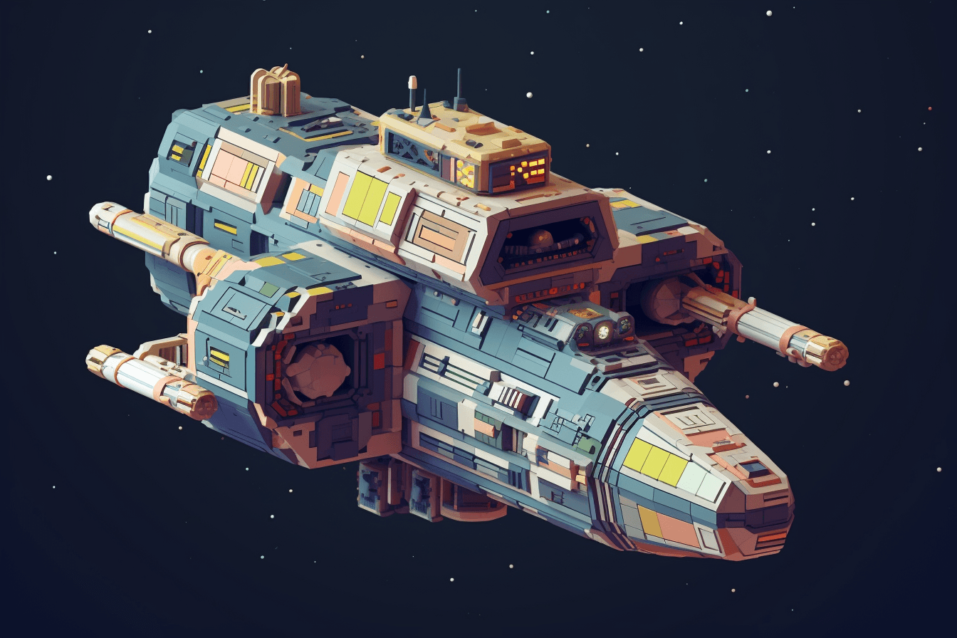 A pixel art depiction of a spacecraft, with blocky shapes and limited colors creating a nostalgic and playful feel.