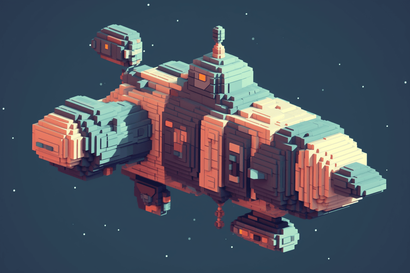 A pixel art depiction of a spacecraft, with blocky shapes and limited colors creating a nostalgic and playful feel.