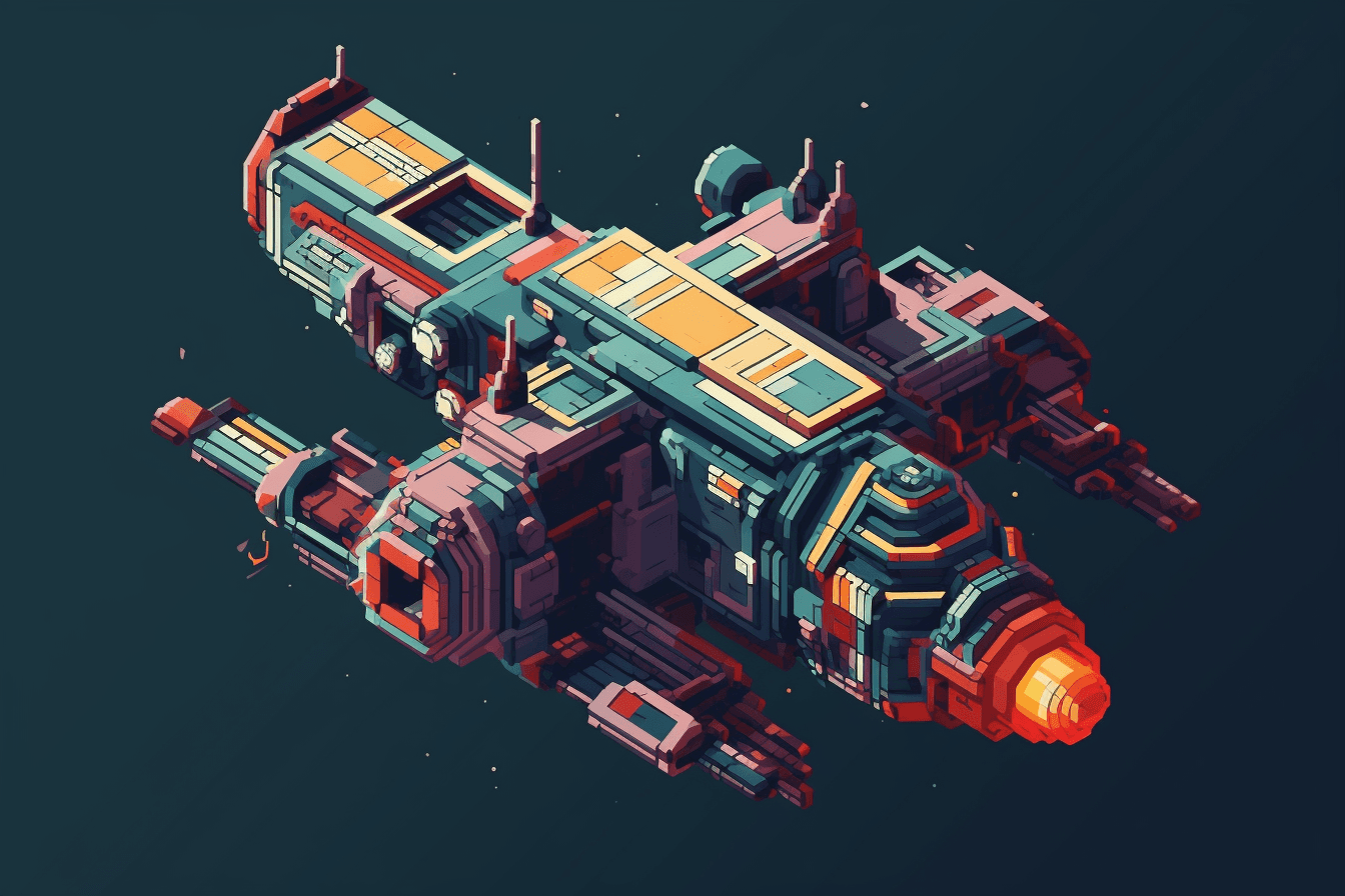 A pixel art depiction of a spacecraft, with blocky shapes and limited colors creating a nostalgic and playful feel.