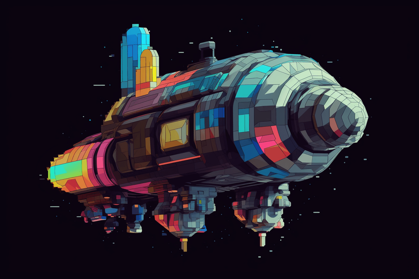 A pixel art depiction of a spacecraft, with blocky shapes and limited colors creating a nostalgic and playful feel.