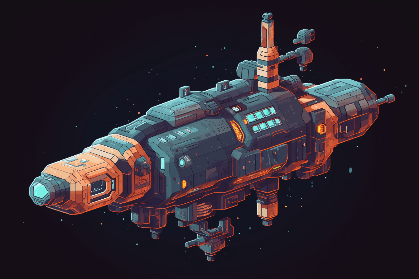 A pixel art depiction of a spacecraft, with blocky shapes and limited colors creating a nostalgic and playful feel.