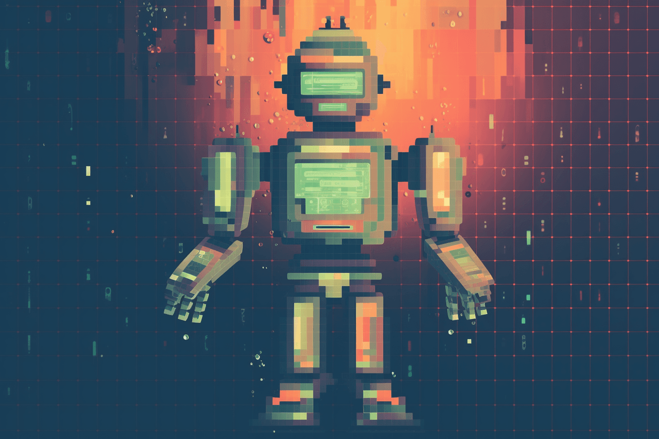 A pixel art-inspired wallpaper featuring a retro-style robot, with a limited color palette and pixelated lines.