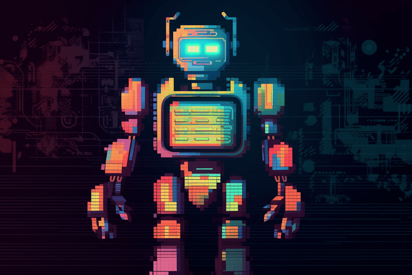 A pixel art-inspired wallpaper featuring a retro-style robot, with a limited color palette and pixelated lines.