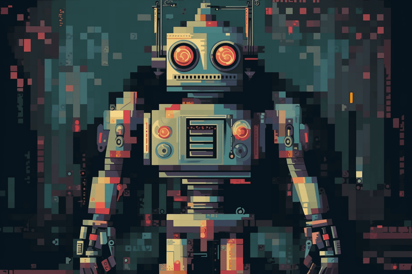 A pixel art-inspired wallpaper featuring a retro-style robot, with a limited color palette and pixelated lines.