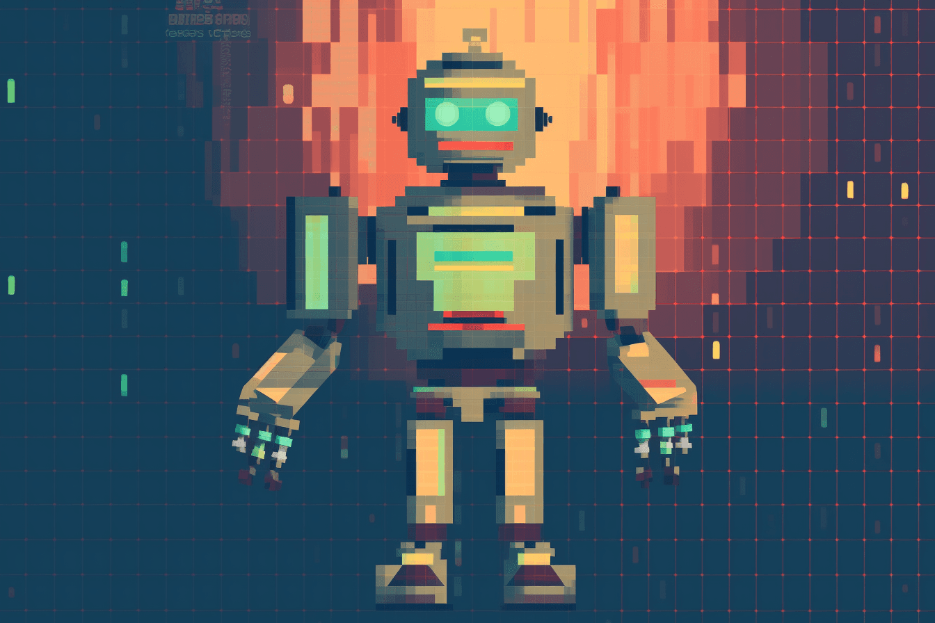 A pixel art-inspired wallpaper featuring a retro-style robot, with a limited color palette and pixelated lines.