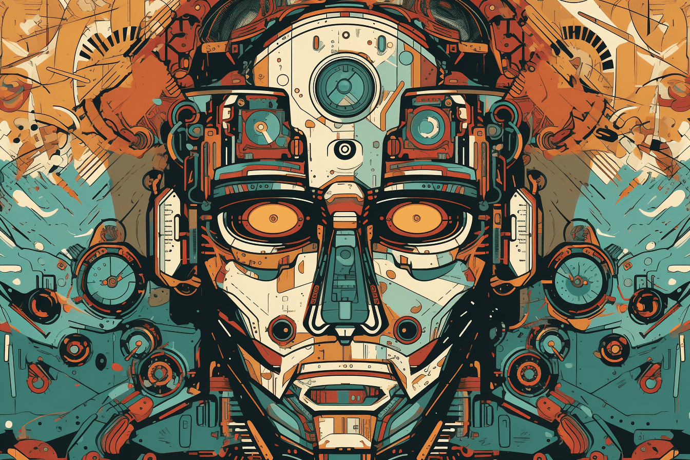 A pop art-style wallpaper featuring a comic book-style illustration of a futuristic robot or cyborg.