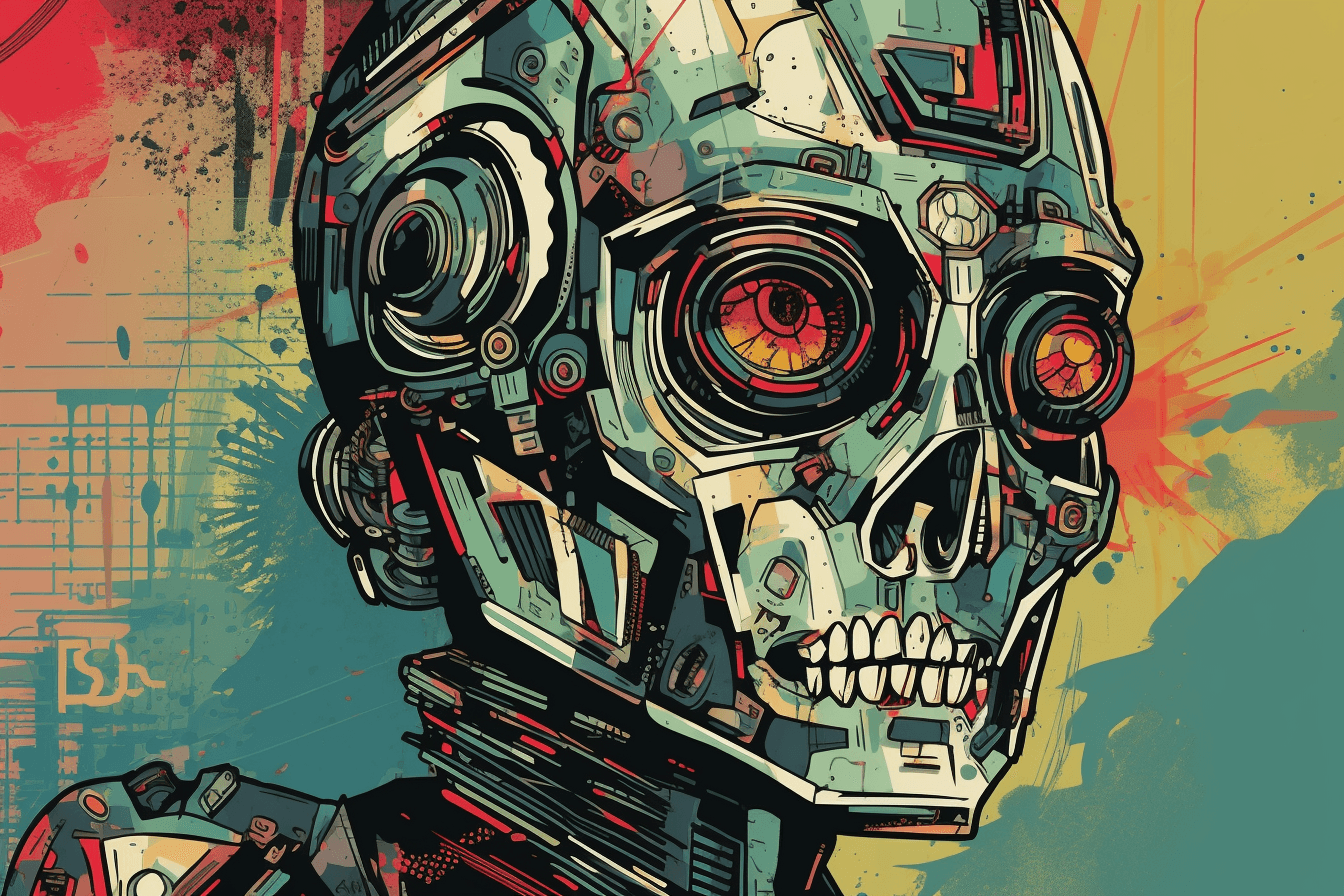 A pop art-style wallpaper featuring a comic book-style illustration of a futuristic robot or cyborg.